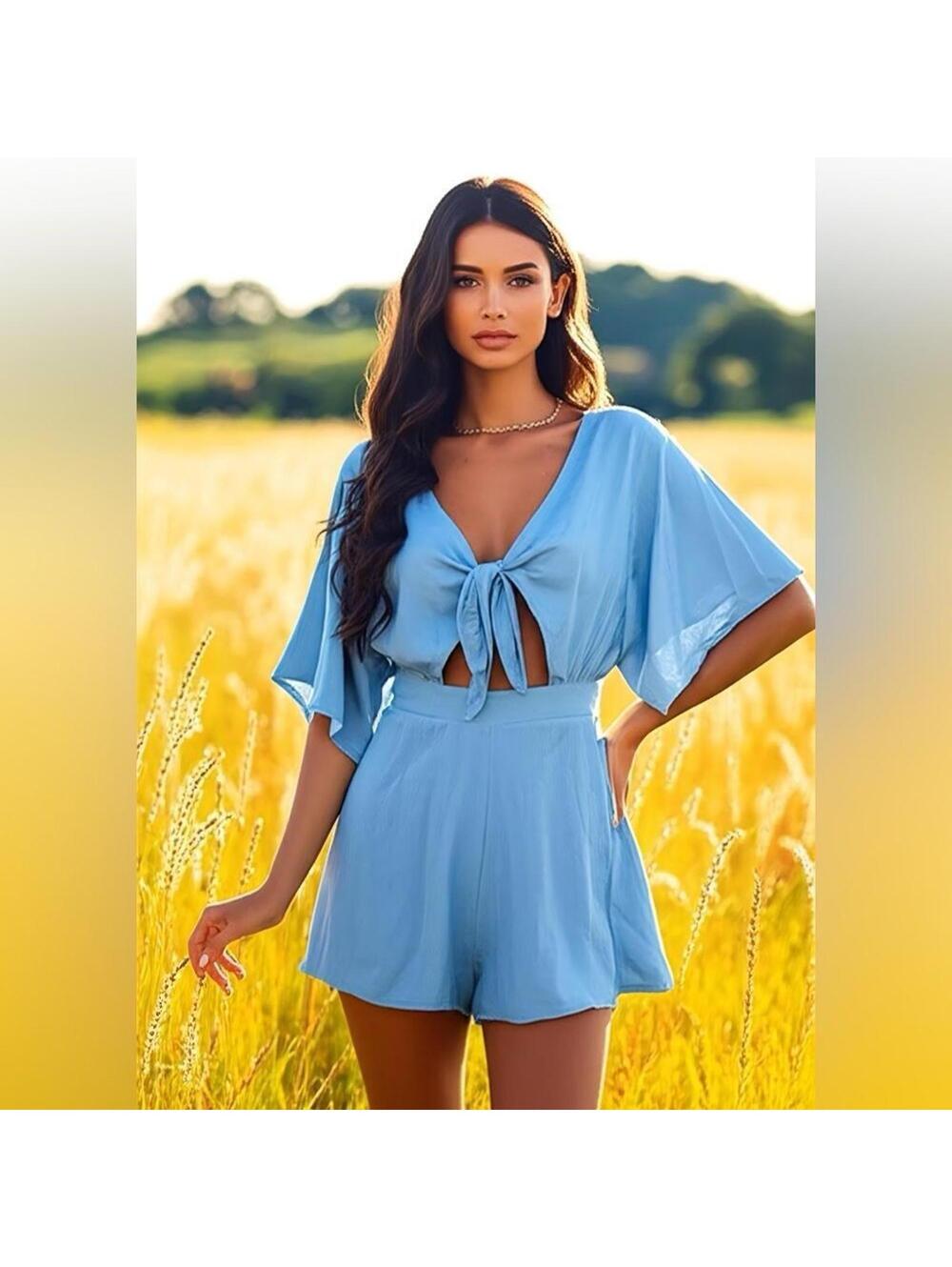 Essue Women's V-Neck Tie Front Playsuit Light Blue M Casual